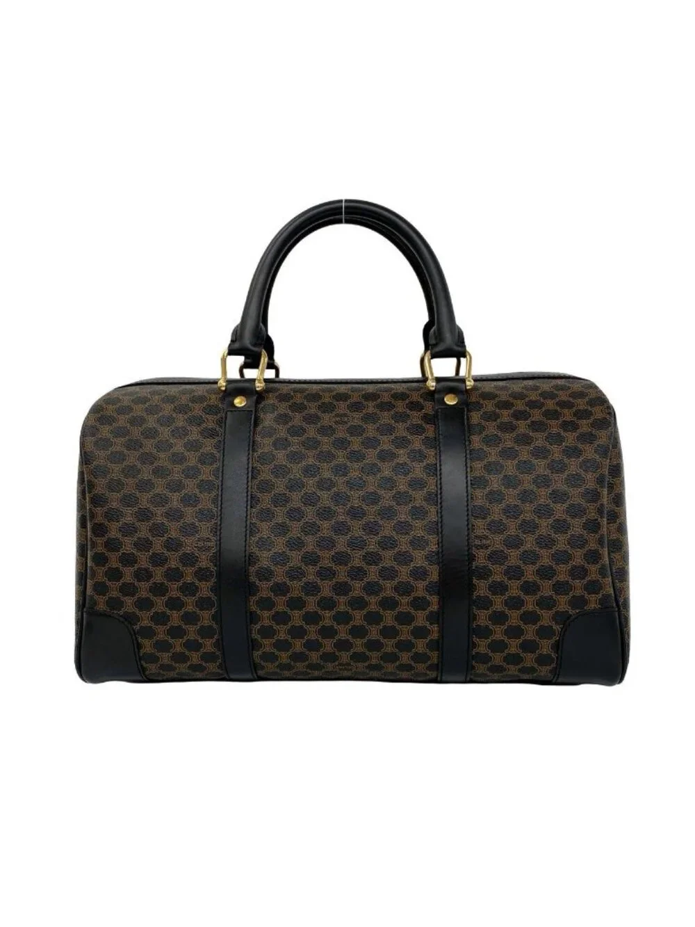 Celine Vintage Macadam Blason Pattern Leather Mini Boston Bag Black Brown